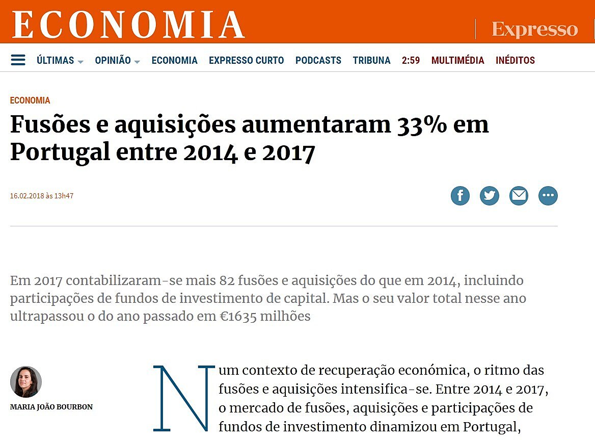 Fuses e aquisies aumentaram 33% em Portugal entre 2014 e 2017